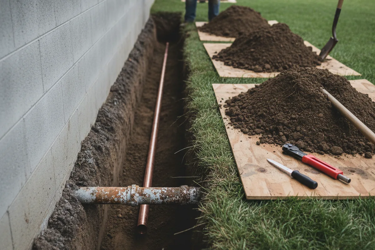 Excavated water line trench during Sewer Line Repair in La Grange
